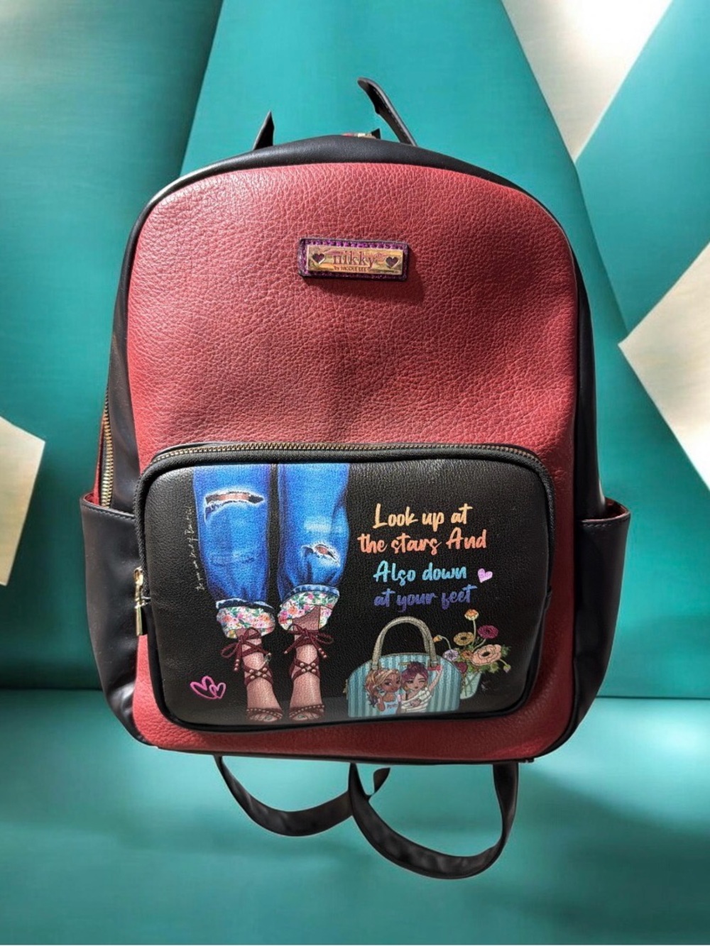 Nicole Lee (Nikki) Red & Black Women's Backpack with Printed Front Pocket